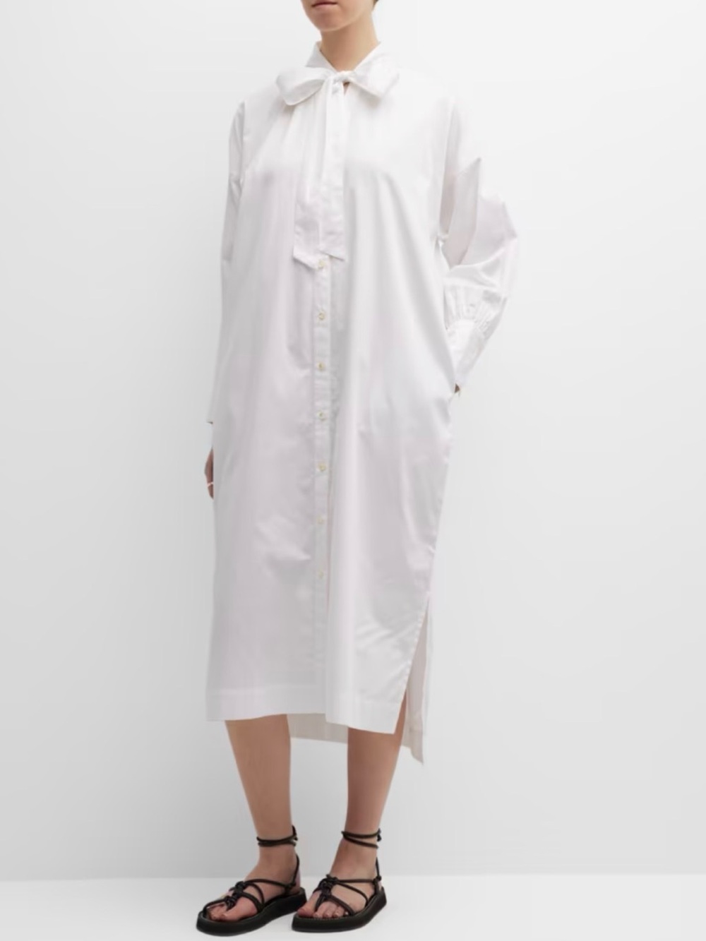 NWT LAUDE the Label Dolores Side-Slit Tie-Neck Poplin Shirtdress White XXS/XS